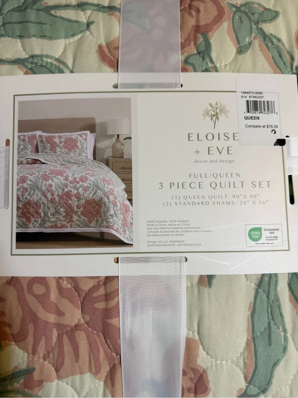 Eloise + Eve Home Decor Floral Quilted 3-Piece Quilt Set in Cream, Pink & Green